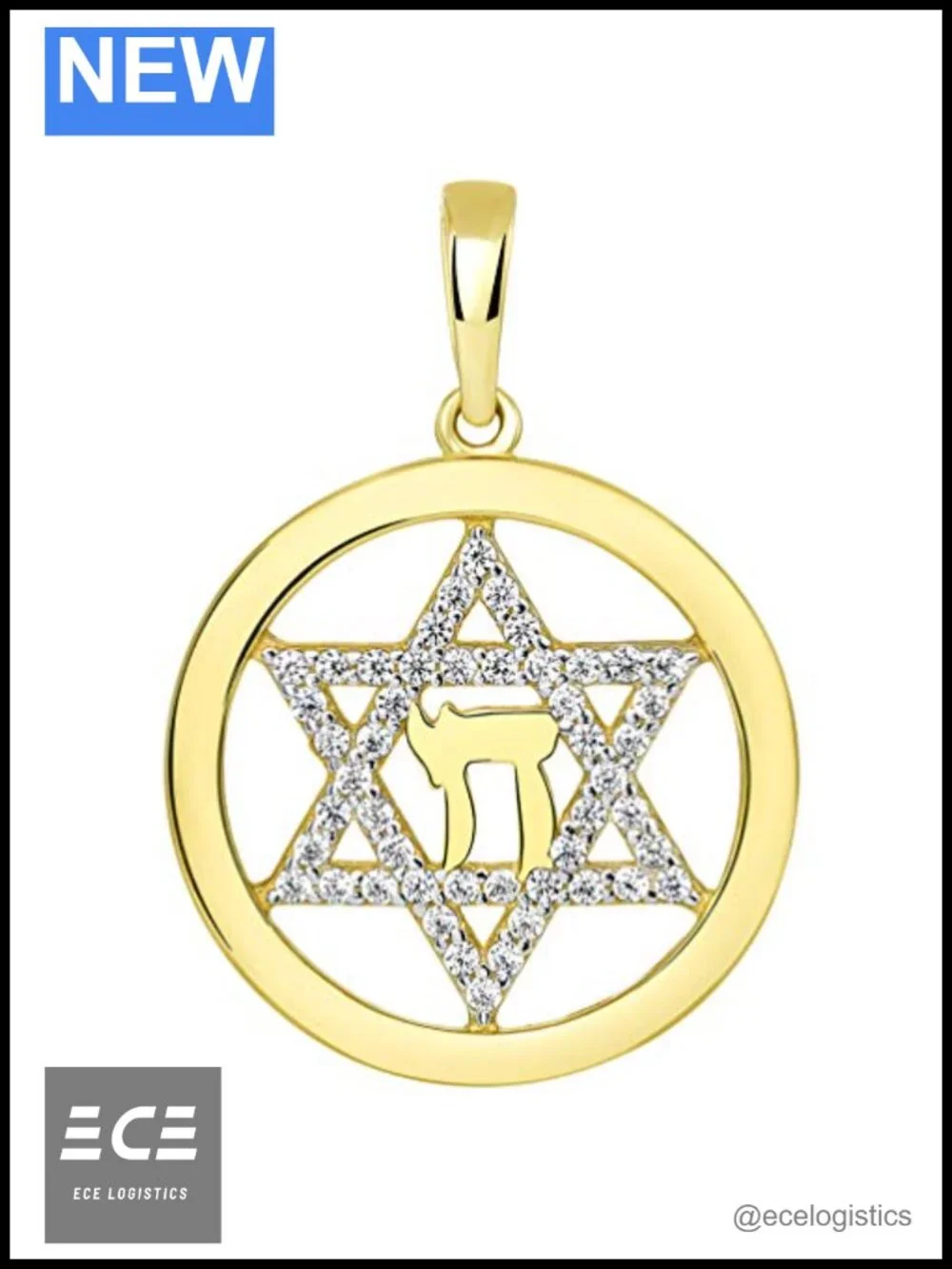14k Yellow Gold Round CZ Jewish Star of David Chai Pendant Necklace